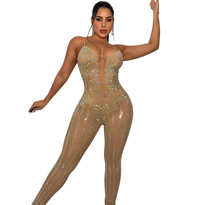 Dameklær Mote Nattklubb Mesh Hot Diamond Perspective Suspender Jumpsuit Dameklær_voghion.com