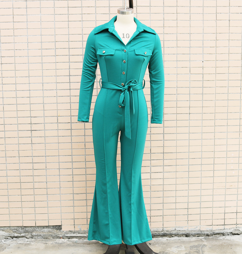 Women's clothing, autumn and winter button lapel micro-flared pants, work bag jumpsuit with belt_voghion.com