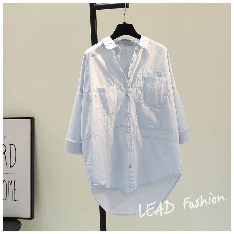 2024 doppia tasca anteriore corta posteriore bianca donna, versione coreana camicia casual stile BF artistico per donne alla moda_voghion.com