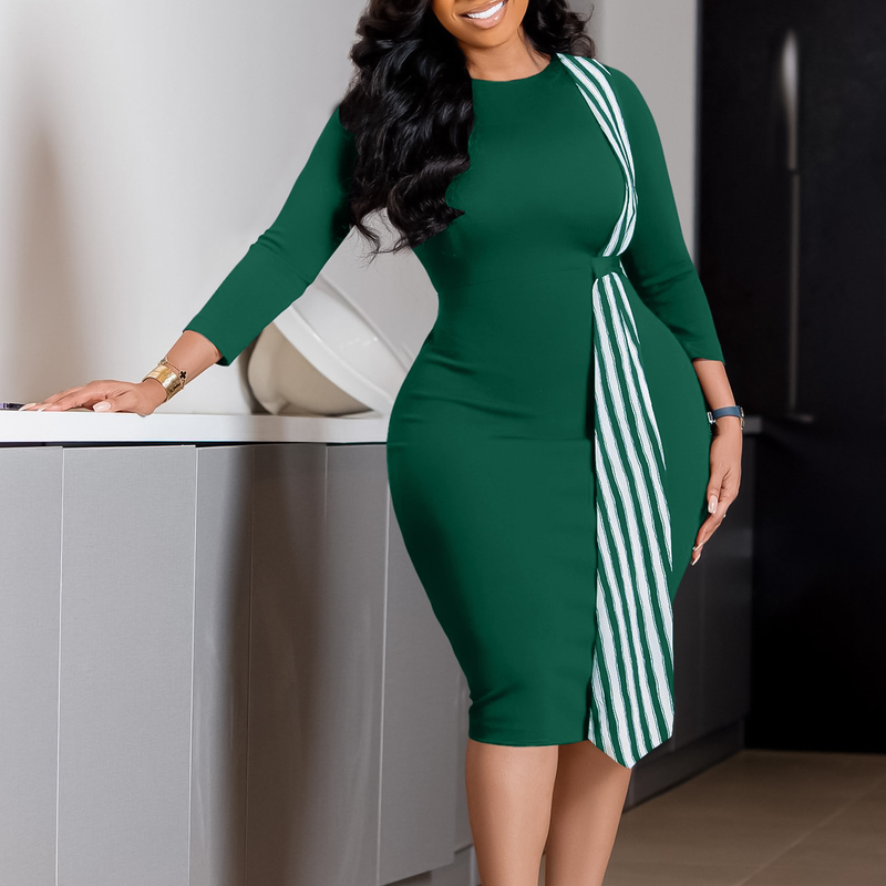 D442 Plus Size Women's Fashion 2023 New Stylish Bodycon Slimming Round Neck Pencil Dress_voghion.com