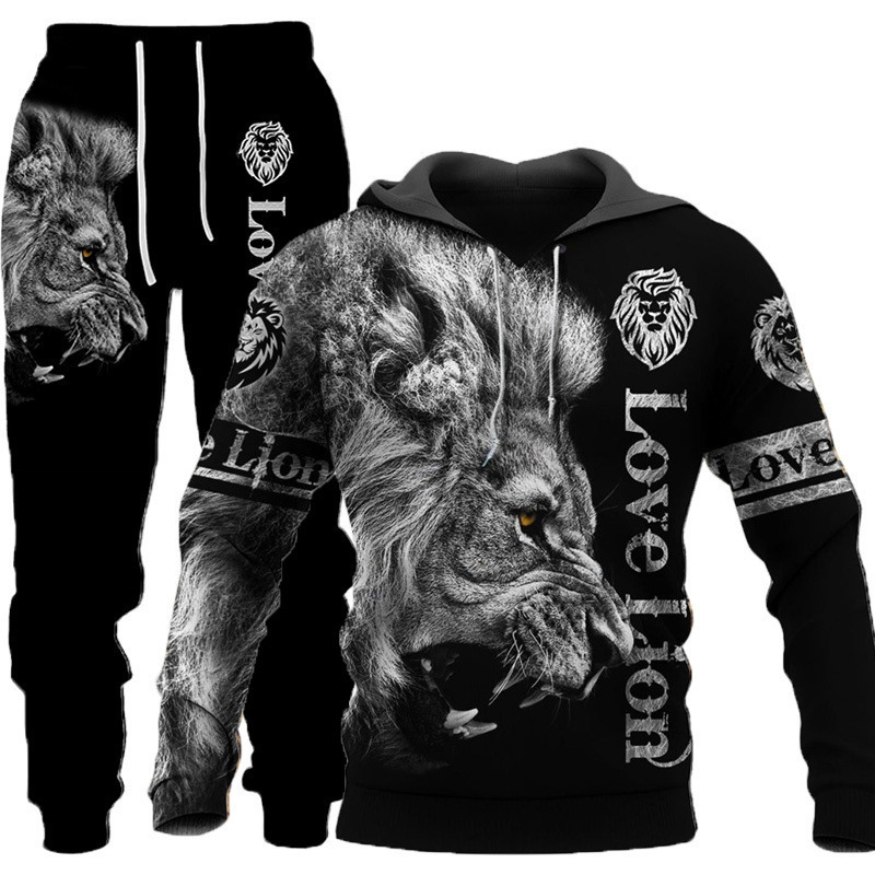 Conjunto de dos piezas con capucha de tigre y león para hombre, sudadera con estampado 3D de manga larga, sudadera con capucha y pantalones, chándal, ropa para hombre_voghion.com