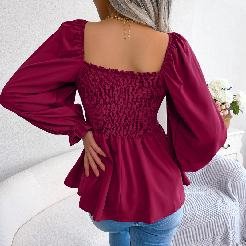 Camisa sólida para mujer, Tops informales con cuello cuadrado y manga larga de gasa con orejas de madera_voghion.com