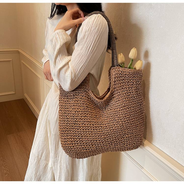 Borsa intrecciata a mano Borsa da spiaggia con fiocco carino Borsa da spiaggia alla moda Borsa da spiaggia monospalla in paglia Borsa da festa_voghion.com