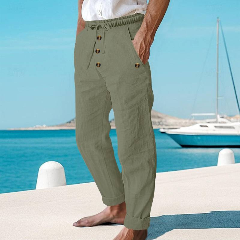 Pantaloni casual da spiaggia da uomo nuovi, in lino, tinta unita, con coulisse e bottoni_voghion.com