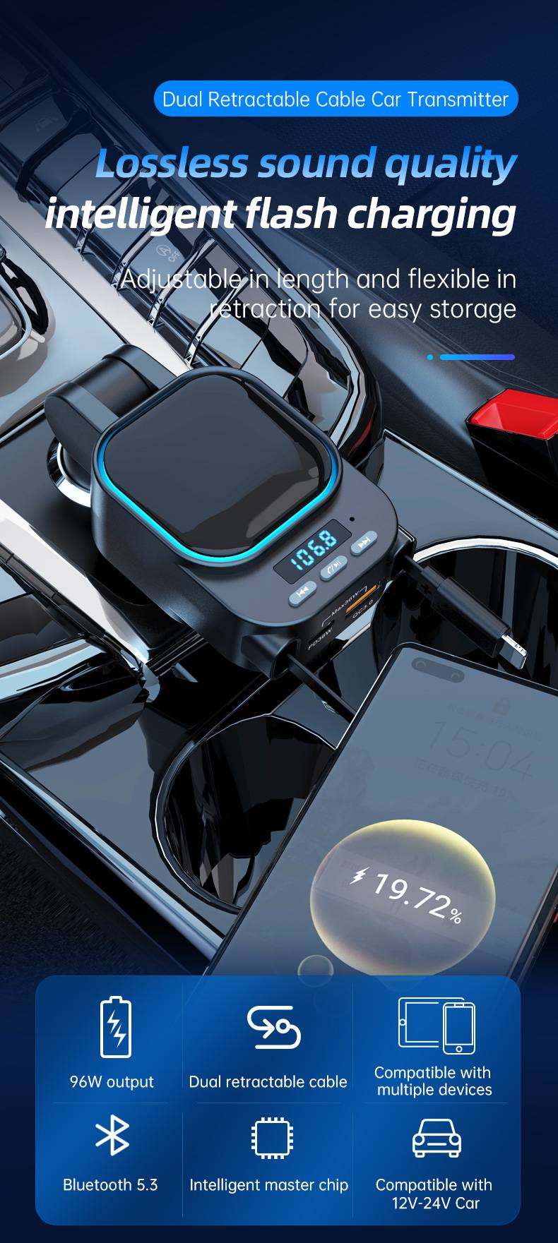 Adattatore Bluetooth avanzato per auto BC97: ricarica wireless, chiamate in vivavoce e streaming musicale per una guida sicura_voghion.com