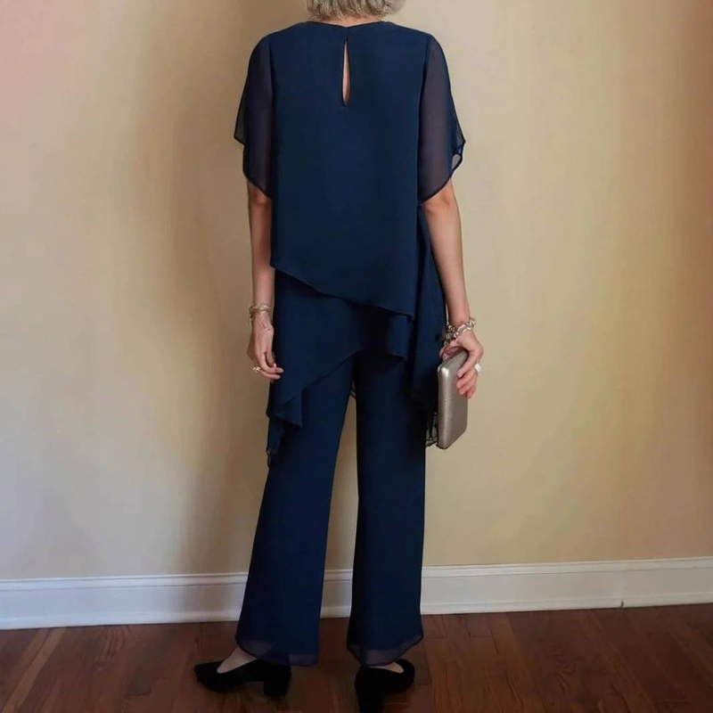 Women's Clothing Temperament Elegant Loose Irregular Round Neck Chiffon Top Set_voghion.com