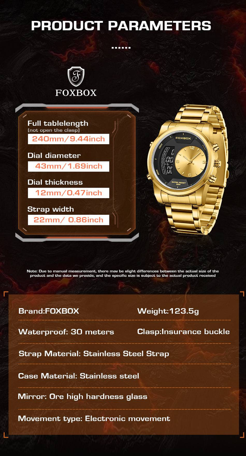 Men's Waterproof Luminous Analog Digital Watch With Alarm Chronograph, Stainless Steel Band, Mineral Glass, 43mm Round Case_voghion.com