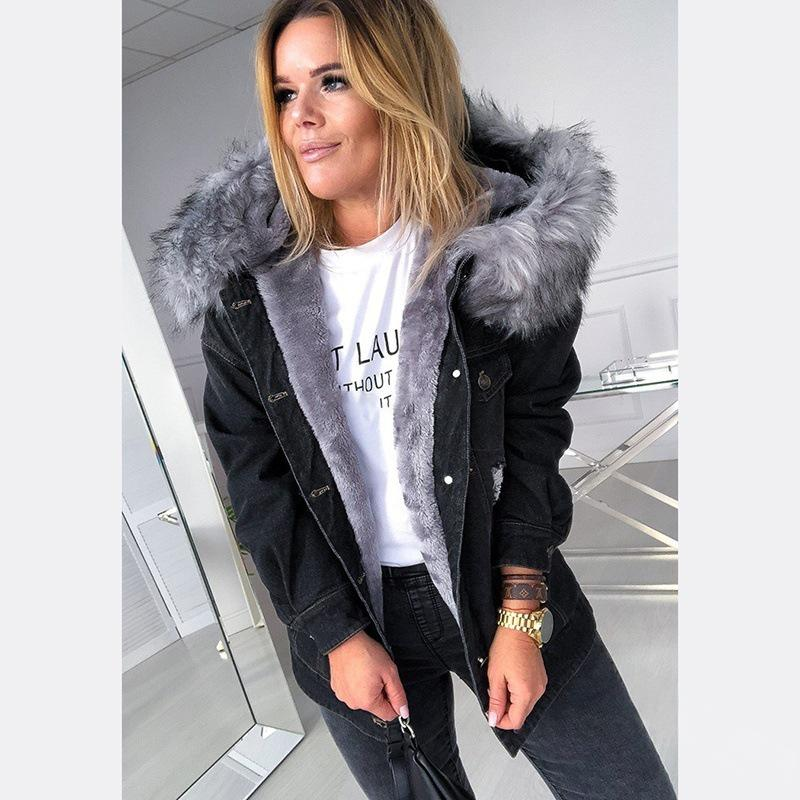 Damenbekleidung Vintage Distressed Denim Mantel mit Kunstpelzkapuze – Stylische Longline-Jacke für Damen, Retro Washed Casual Oberbekleidung (Grau/Schwarz)_voghion.com