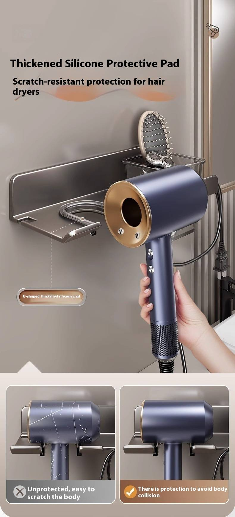 No Drill Hair Dryer Holder Wall Mount, Bathroom Organizer With Cord Wrap & Storage Shelf, Modern Aluminum Shower Caddy For Comb & Styling Tools_voghion.com