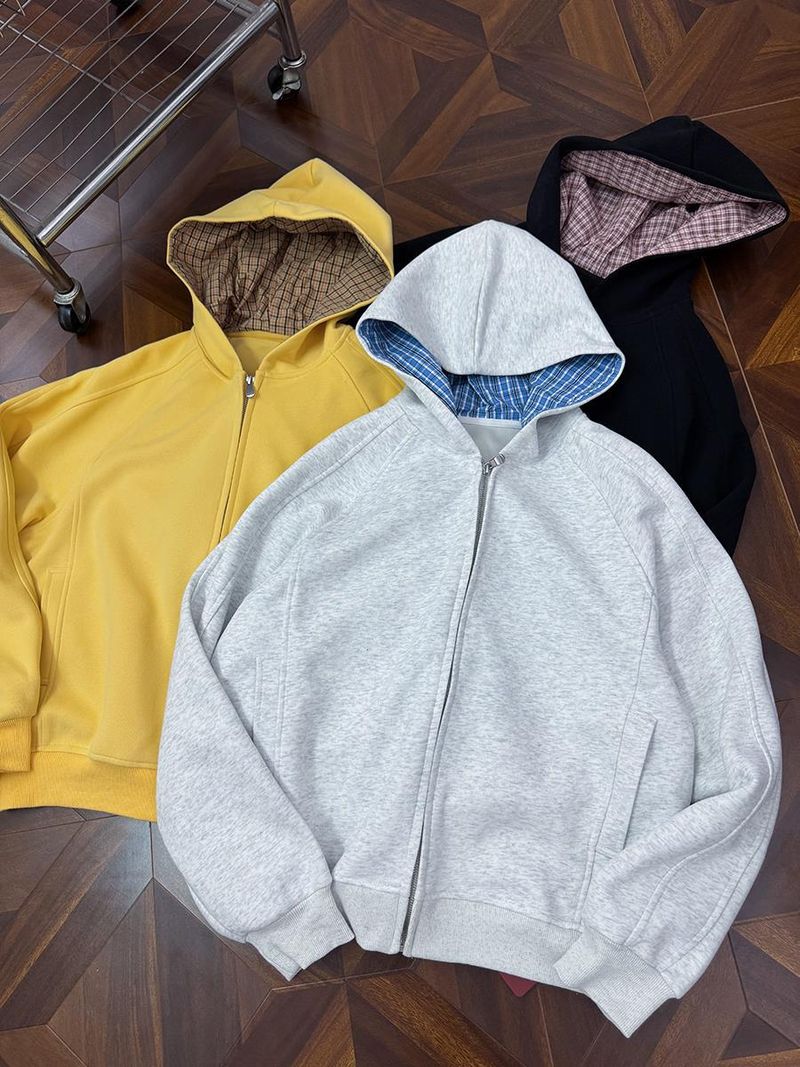 Felpa con cappuccio unisex con zip e motivo patchwork - Pullover Cleanfit pesante per uomo e donna | Giacca casual da streetwear_voghion.com