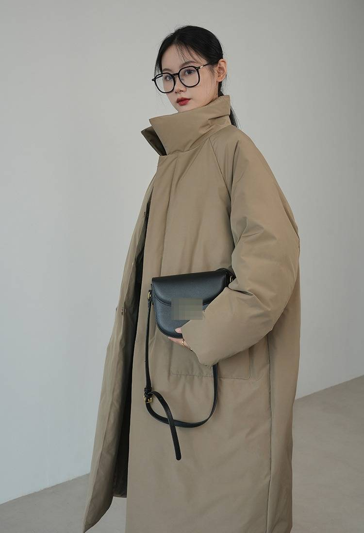 Women's Winter Long Puffer Coat With Stand Collar, Loose Fit, Stylish Outerwear For Cold Weather - Black, Khaki_voghion.com