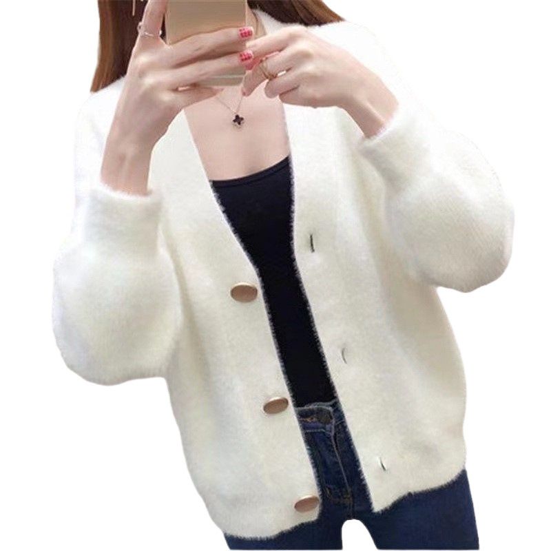 Cardigan lavorato a maglia in visone sintetico da donna - Top casual ampio a maniche corte (rosa, bianco, verde, nero)_voghion.com