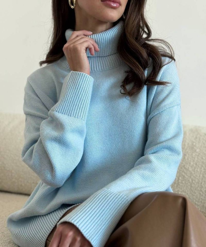 Pull oversize à col montant pour femme – Haut en tricot doux et confortable de couleur unie (vêtement décontracté basique pour l'automne et l'hiver)_voghion.com
