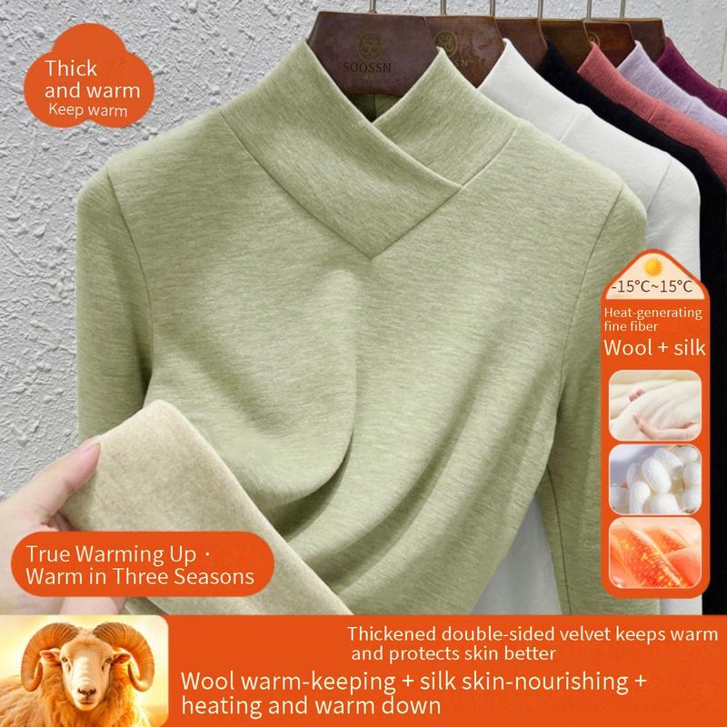 Soossn Women's Thermal V-Neck Long Sleeve Top - Soft Wool Silk Fleece Lined, Warm & Stretchy, Slim Fit, Comfortable Base Layer For Winter_voghion.com