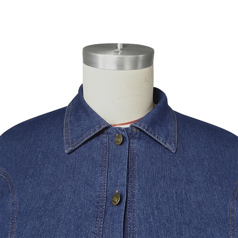 Damenbekleidung Große Größen Damenbekleidung Denim Revers Langärmliges offenes Brustkleid_voghion.com