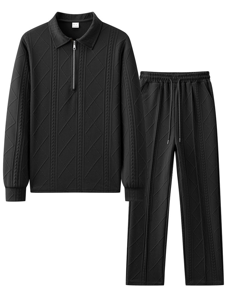 Conjunto de polo y sudadera con rayas de trigo texturizado para hombre: conjunto retro de manga larga con capas para uso informal._voghion.com