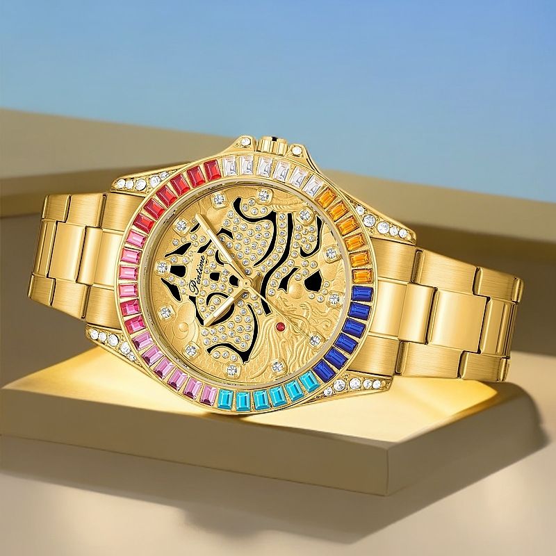 New Fashionable Colored Dragon Full Inlaid Diamond Dial for Men's Business, Non Mechanical Transparent Luminous_voghion.com