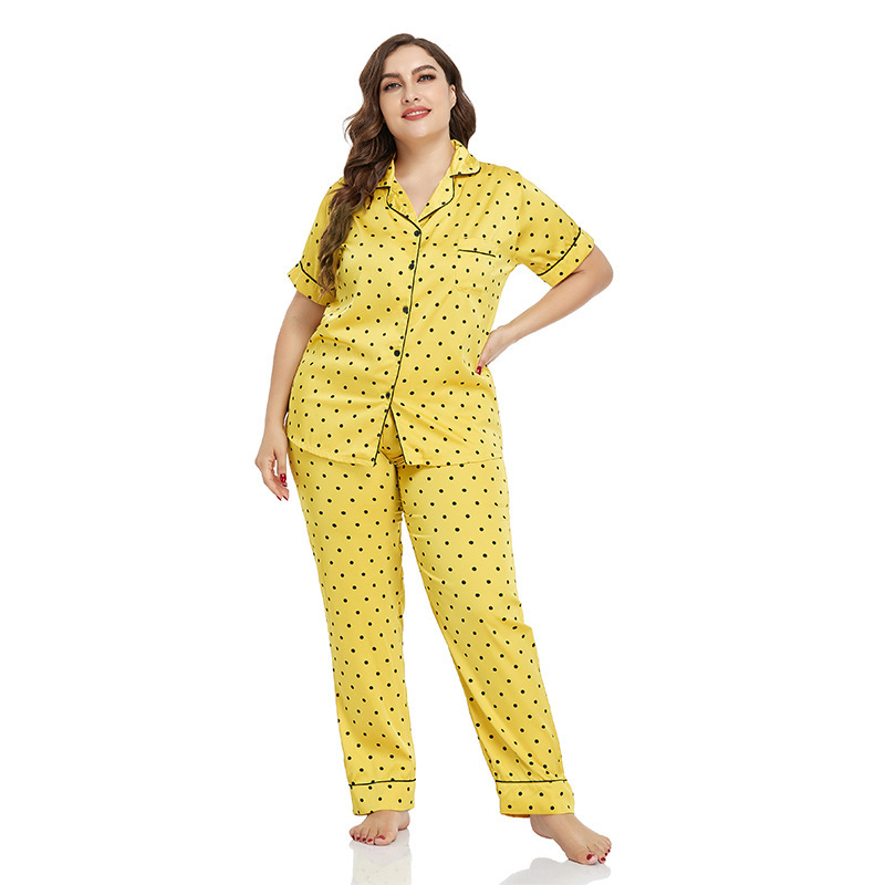 Kadın büyük boy buz ipek hırka pijama kadın ev elbise yaka kısa kollu pantolon iki takım_voghion.com