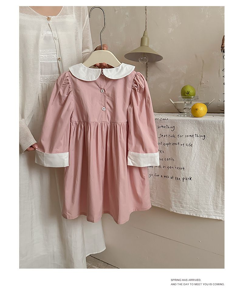 Madre e bambini francese rattan fiore ricamo bambola colletto ragazza vestito 2024 stile autunno contrasto colore puro cotone dolce principessa vestito manica lunga_voghion.com
