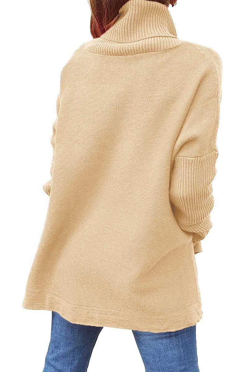 Dametrøje med høj hals, oversized pasform, mellemlang pullover med flagermusærmer, slidskant og bælte_voghion.com
