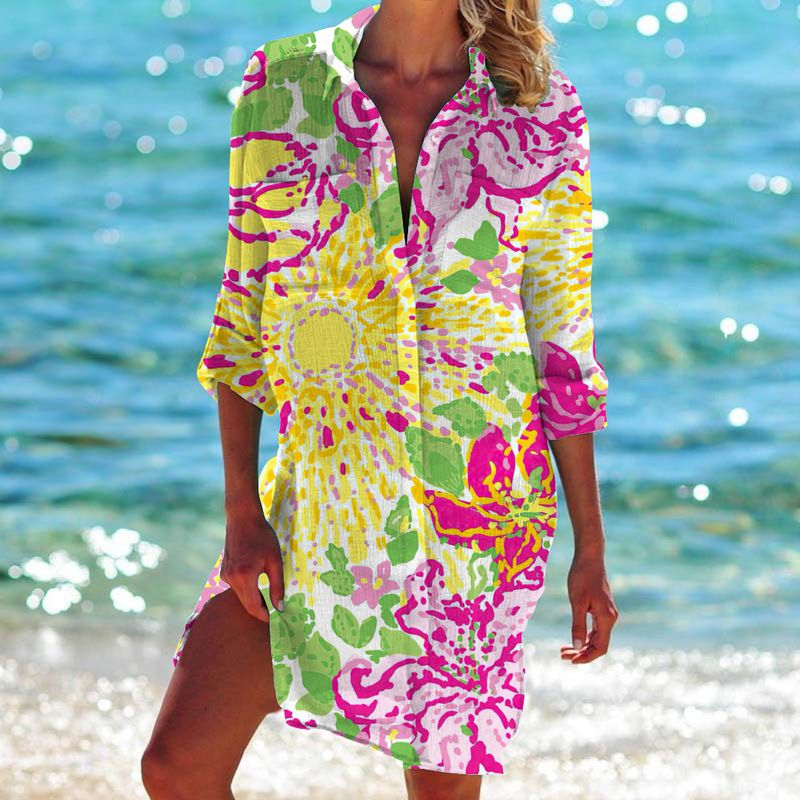 2022 New Bikini Jacket Swimsuit Cardigan Women's Printed Vacation Beach Shirt_voghion.com