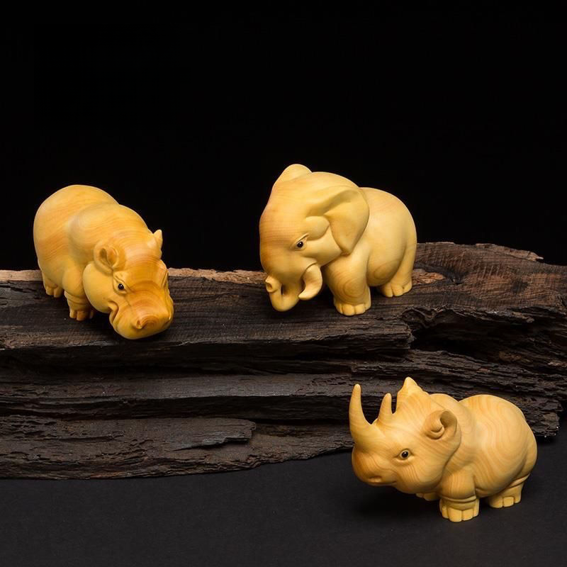 Boxwood Three Treasures Rhino Hippo Elephant Handheld Piece Handmade Carving Home Desk Ornament_voghion.com