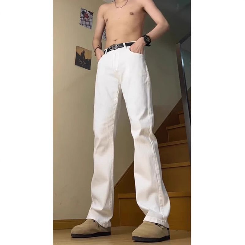 Beyaz Cleanfit Kot Erkek Sonbahar Amerikan Sokak Modası Marka Slim Fit Düz Tüp Mikro Flare Elastik Pantolon_voghion.com