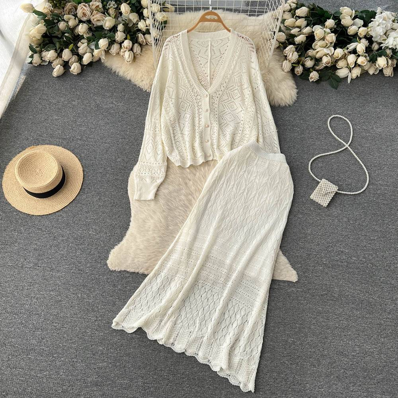 Abbigliamento da donna, completo in maglia cava, manica lunga, scollo a V, top ampio + gonna a spina di pesce di media lunghezza, completo in due pezzi_voghion.com