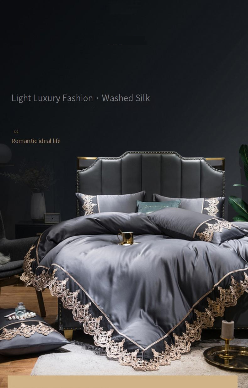 Beddengoedset van zuiver gekleurde zijde - gewassen zijde met geborduurde kantafwerking, 4-delige set, inclusief hoeslaken, luxe hotelkwaliteit_voghion.com
