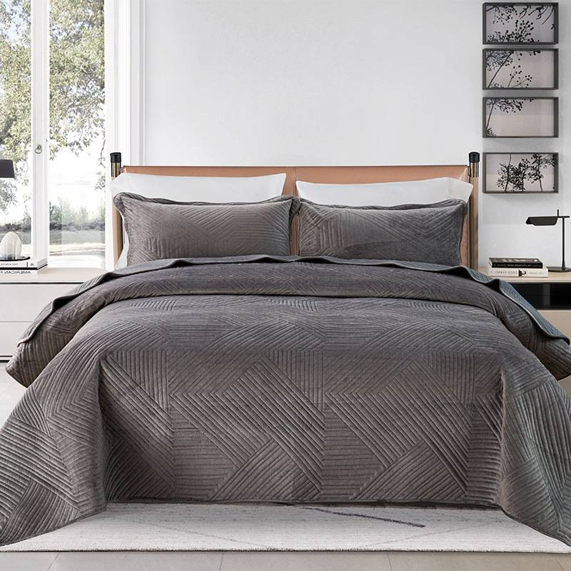 Solid Color Crystal Fleece Quilted Bedspread Set - 3-Piece Luxury Soft Blanket For Home & Hotel (Hypoallergenic Machine Washable Queen/King Size)_voghion.com