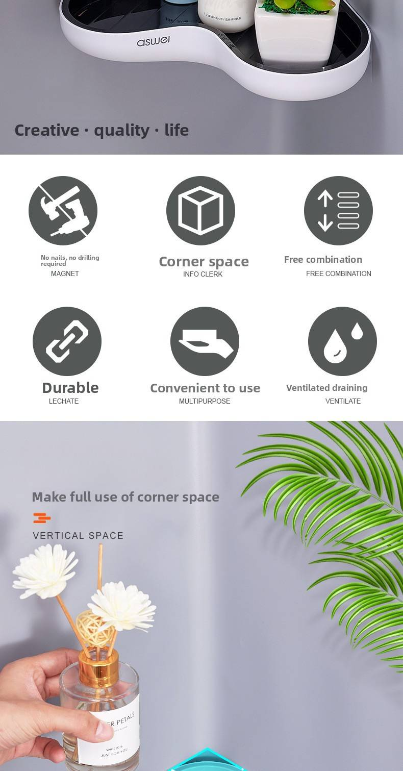 Étagère murale en forme de cœur - Organiseur multifonction sans perçage (salle de bain/cuisine, fixation adhésive étanche)_voghion.com