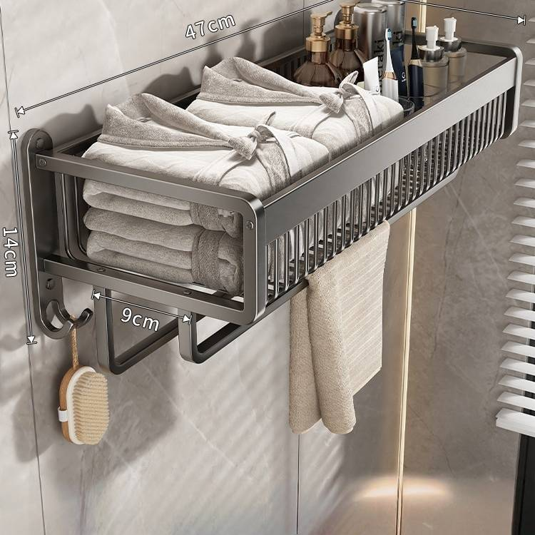 Handtuchhalter fürs Badezimmer ohne Bohren, Wandmontage, robustes Regal aus Aluminiumlegierung für Badetücher, Kleidung, Toiletten-Organizer (37 cm/47 cm/57 cm, Gun Grey)_voghion.com