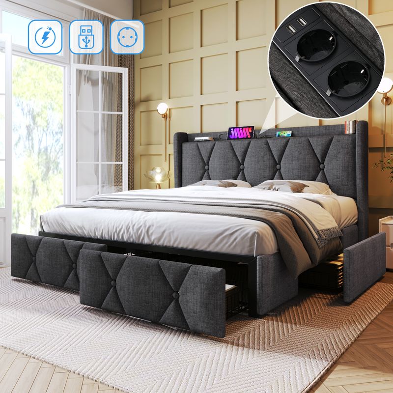 Cadre de lit double avec rangement 140 x 200 cm, avec port USB, tête de lit capitonnée et 4 tiroirs, sommier à lattes en bois gris (avec matelas)_voghion.com
