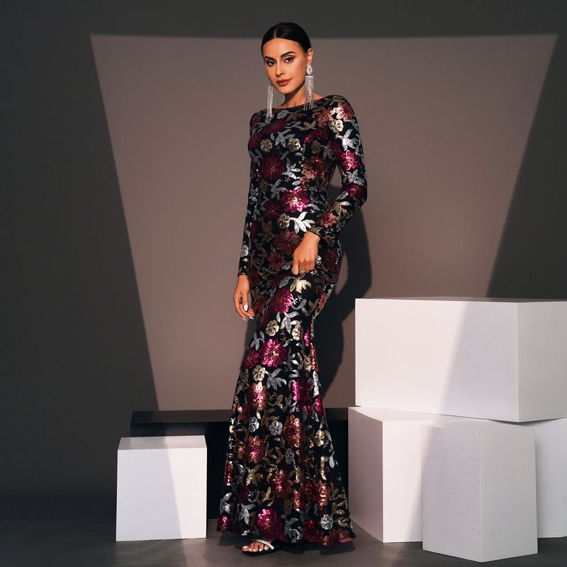 Damenbekleidung Abendkleid Langarm Temperament Rundhals Sexy Schlank Lange Pailletten Bankett Brautjungfernkleid Kleid Weiblich_voghion.com