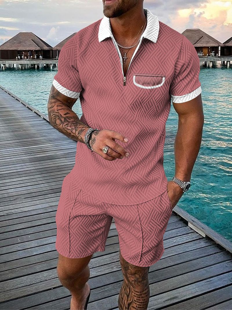 Lässiges bedrucktes Kurzarm-Poloshirt-Set für Herren, Sportbekleidung, bequem, atmungsaktiv, Reißverschluss am Hals, T-Shirt und Poloshirt_voghion.com