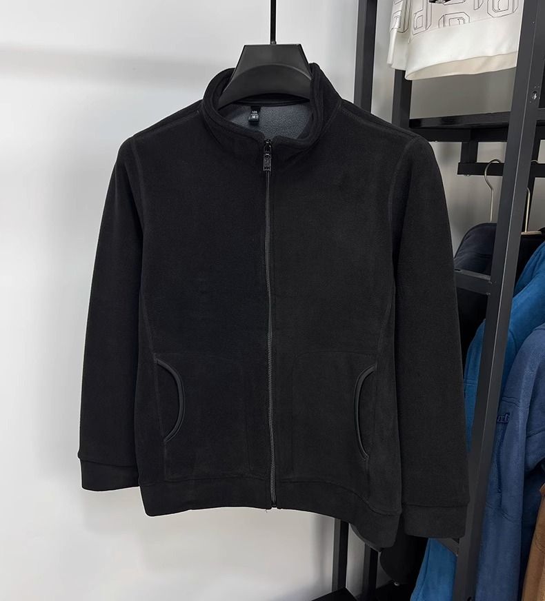Giacca in pile con collo alto e cerniera da uomo - Cappotto invernale caldo e spesso con cappuccio in tinta unita per abbigliamento casual all'aperto_voghion.com