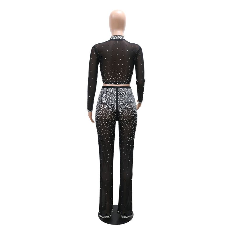 Abbigliamento da donna, abito da donna in due pezzi trasparente con diamanti caldi, top alla moda a maniche lunghe con scollo tondo e pantaloni slim_voghion.com