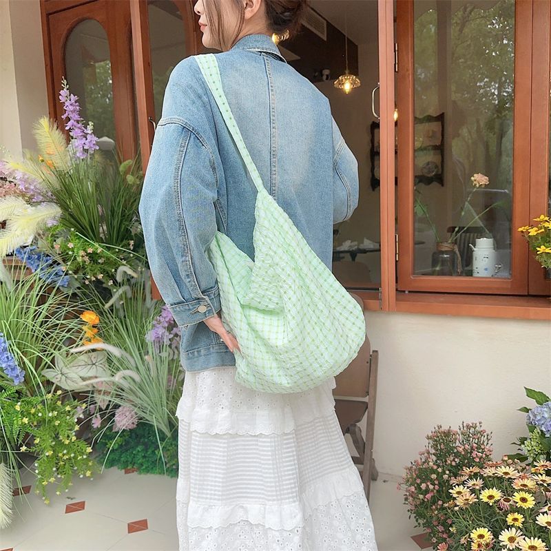 Zomerse holle bubbel geruite schoudertas onder de arm canvas tas frisse snoepkleur koerierstas_voghion.com