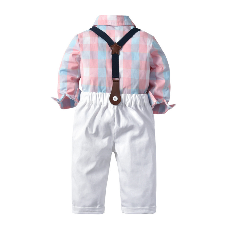 Babykleidung Jungen Langarm Jungenhemd Hosenträger Freizeithose Fliege Zweiteiliges Set_voghion.com