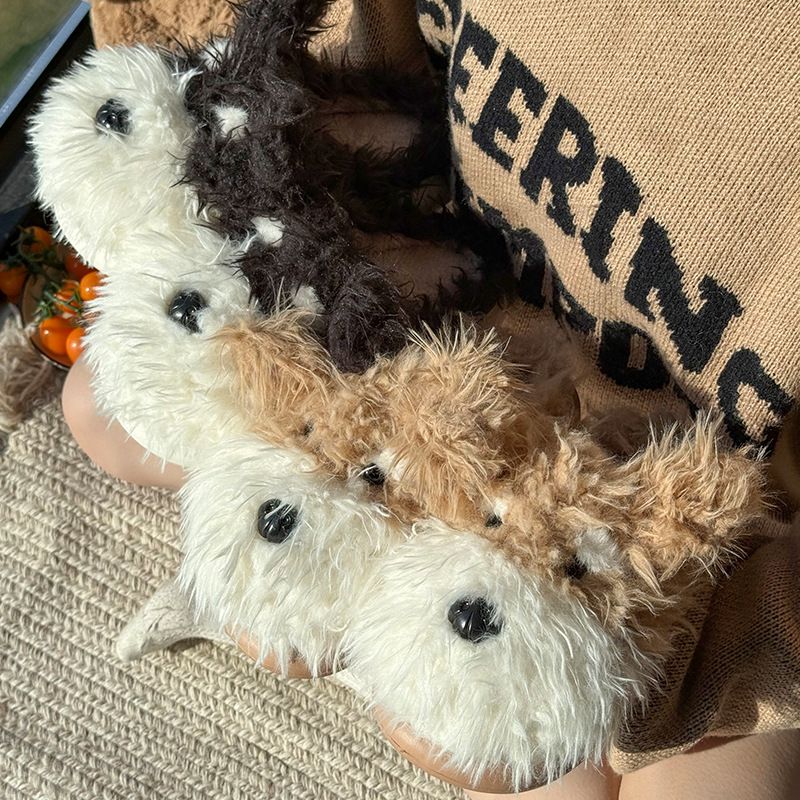 Pantofole autentiche in cotone con stampa di cani scarabocchiati, per ragazze, carine, da interno, per la casa, calde, con suola spessa e pelose._voghion.com