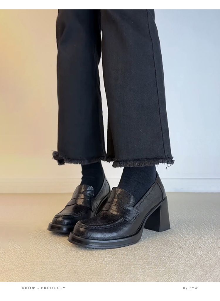 Ziegenleder-Version ~ Authentische Loafer Damen Retro Schwarz Slip-on Flats Elegant High Heel Arbeitskleidung Vielseitig Klein_voghion.com