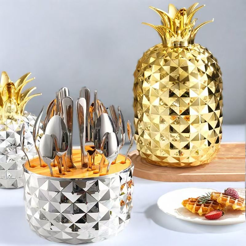 Set di posate in acciaio inossidabile in custodia ABS a forma di uovo - Confezione regalo da 24 pezzi con coltello, forchetta, cucchiaio e motivo ananas, elegante sala da pranzo_voghion.com