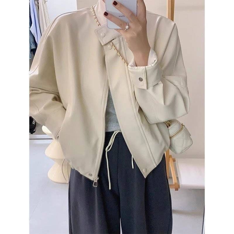 Veste de motard courte en cuir blanc pour femme, nouvelle collection printemps-automne 2024, unique et très élégante._voghion.com