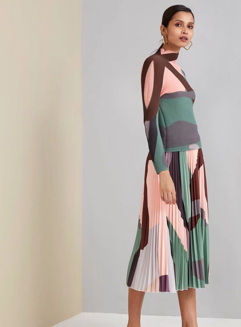 Ensemble deux pièces plissé pour femme, haut plissé en maïs, taille haute, jupe ample imprimée plissée_voghion.com