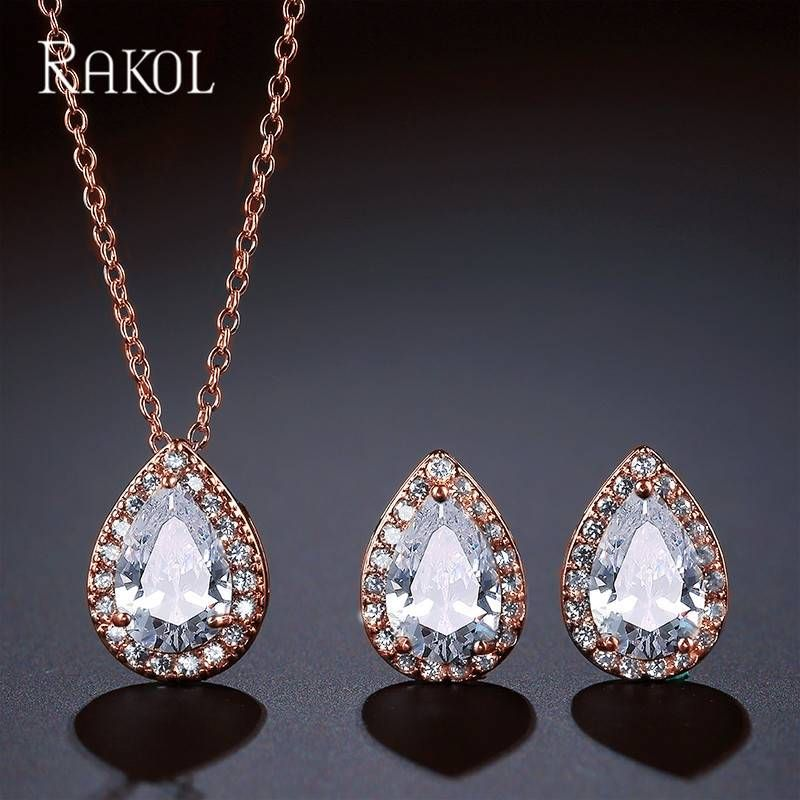Moda Klasik Popüler Su Damlası Kolye Küpe İki Parçalı Kakmalı AAA Zirkon Takı Seti_voghion.com