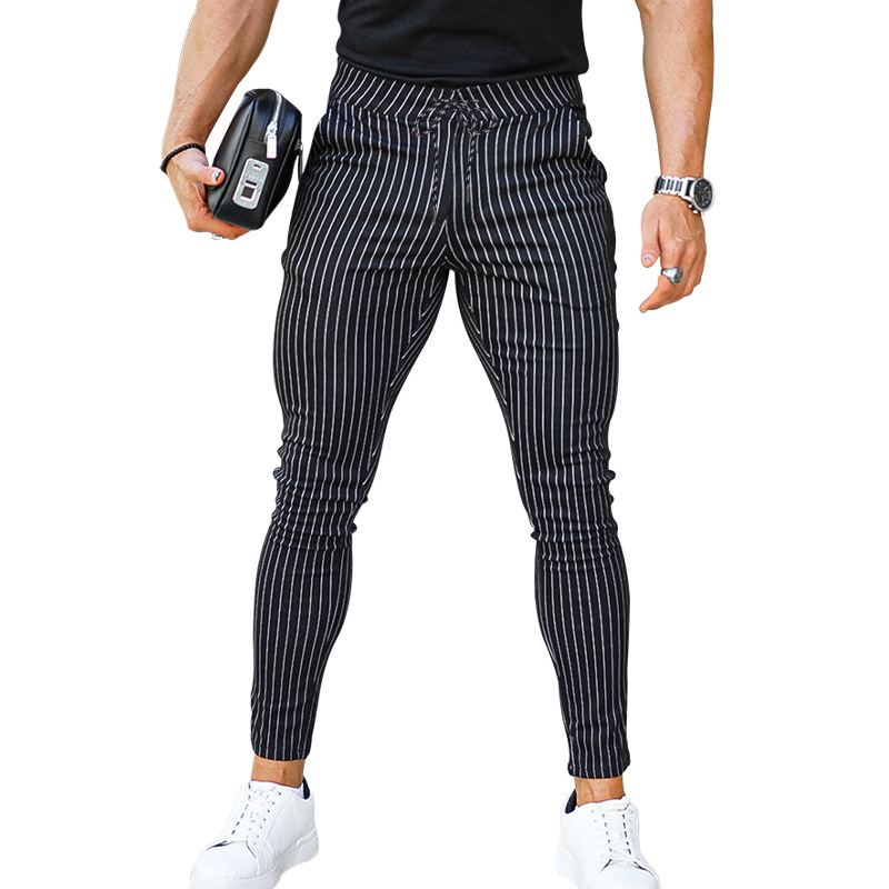 NOVEDAD DE VERANO 2023, línea de pies pequeños, moda para hombres, encaje Casual, pantalones ajustados a rayas_voghion.com