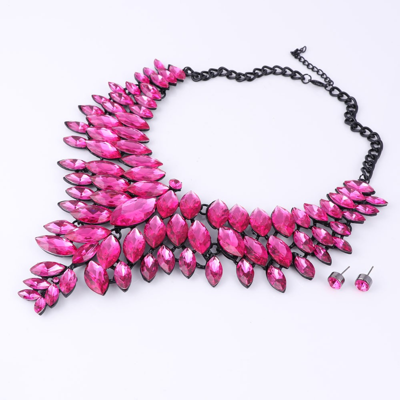 Schwarze Kette Kristall Braut Statement-Schmuck-Set für Bräute Halskette Ohrring Hochzeit Zubehör Schmuck-Sets_voghion.com