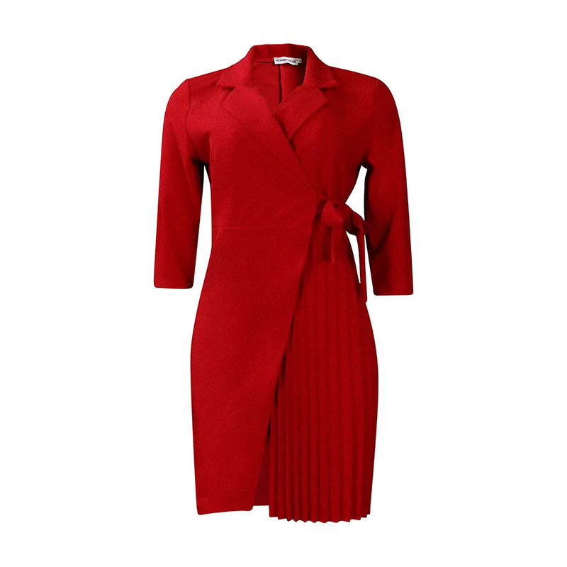 Damen Große Größen Damenbekleidung Mode Anzug Kragen Mode Gürtel Taille Plissee Kleid_voghion.com