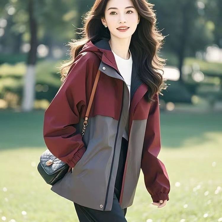 Casual Patchwork Hooded Jacket For Women, Spring And Autumn 2025 New Loose Plus Size Fashionable Outerwear_voghion.com