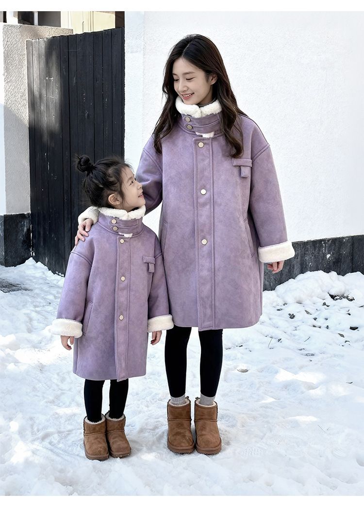 Korean-Inspired Faux Fur-Lined Long Coat Family Set – Stylish Matching Winter Outerwear For Parents & Kids (Sizes 100-140cm & S-3XL)_voghion.com